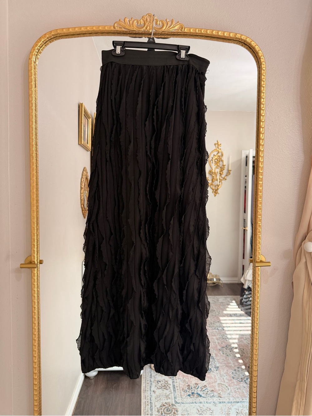 Women's Black Ruffle Maxi Skirt - Elastic Waist